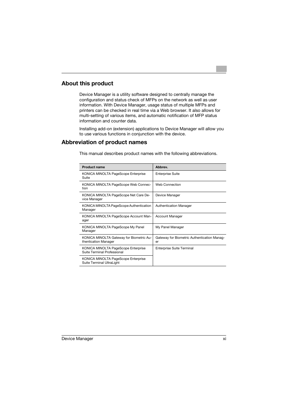 About this product, Abbreviation of product names | Konica Minolta PageScope Net Care Device Manager User Manual | Page 12 / 331