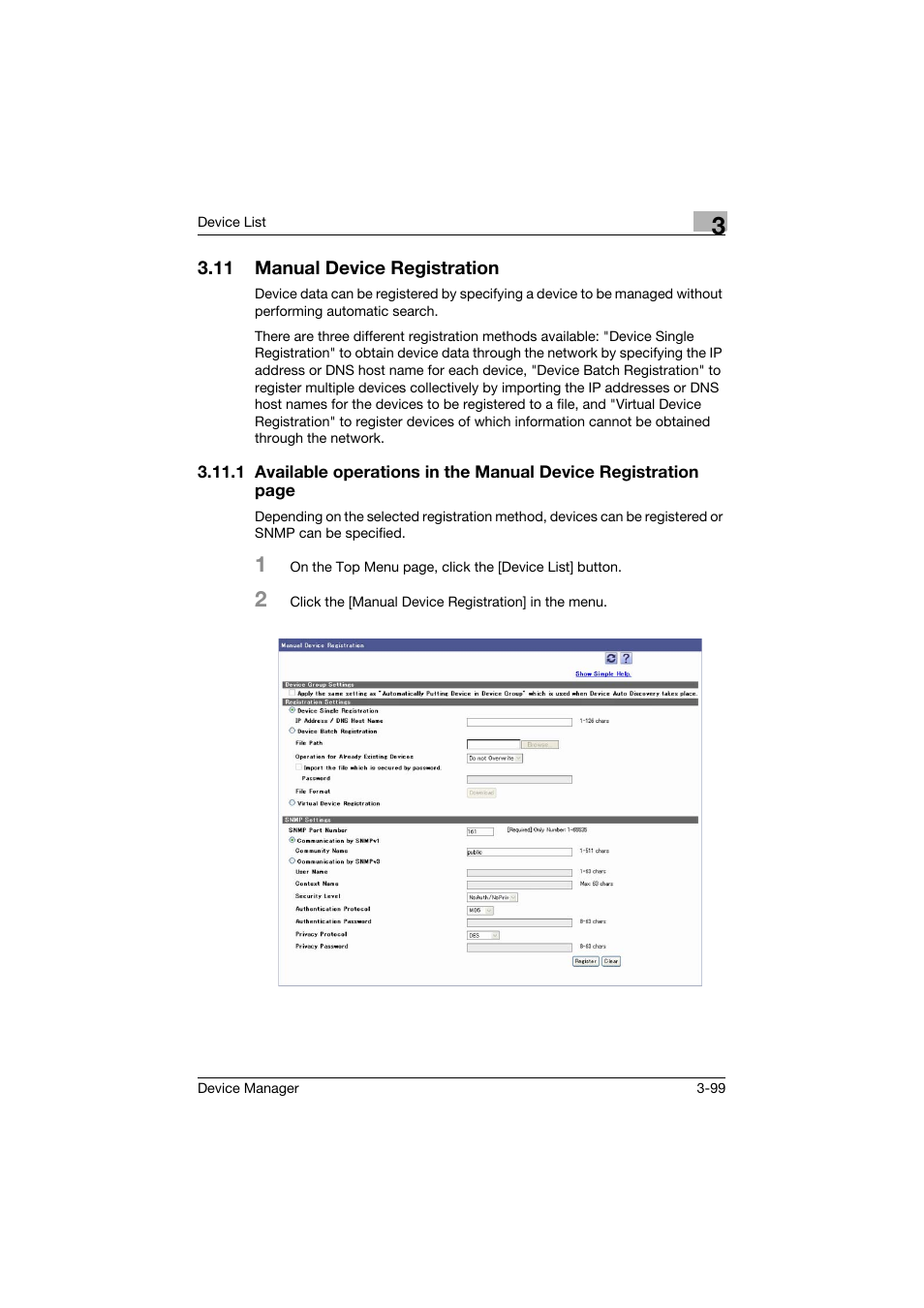 11 manual device registration, Manual device registration -99, Ly. (p. 3-99) | Konica Minolta PageScope Net Care Device Manager User Manual | Page 129 / 331