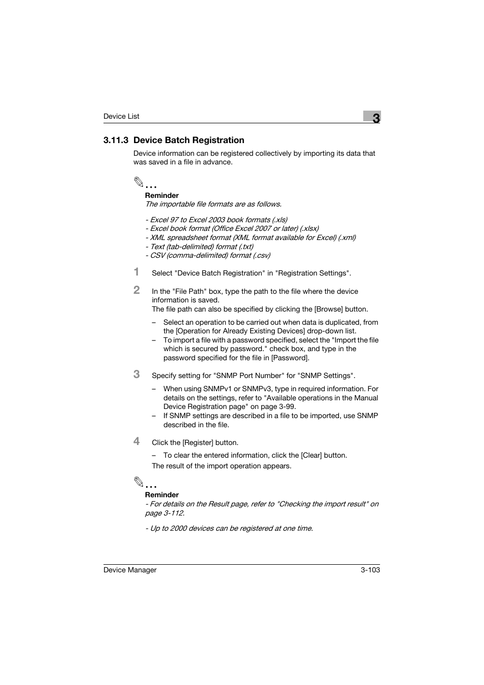 3 device batch registration, Device batch registration -103 | Konica Minolta PageScope Net Care Device Manager User Manual | Page 133 / 331