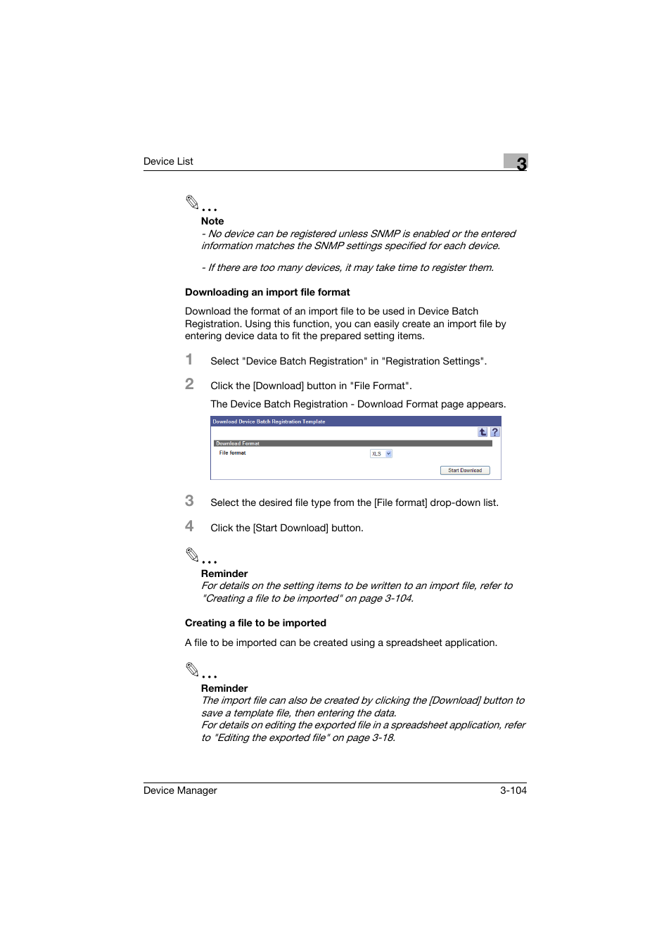 Downloading an import file format, Creating a file to be imported | Konica Minolta PageScope Net Care Device Manager User Manual | Page 134 / 331