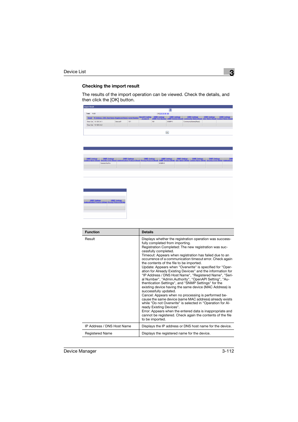 Checking the import result, Checking the import result -112 | Konica Minolta PageScope Net Care Device Manager User Manual | Page 142 / 331