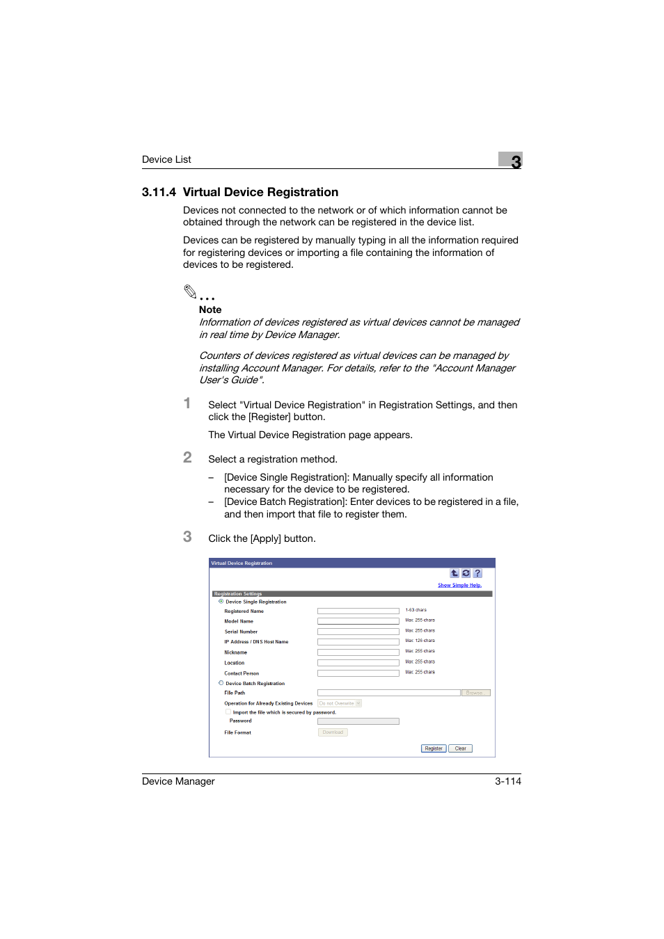 4 virtual device registration, Virtual device registration -114 | Konica Minolta PageScope Net Care Device Manager User Manual | Page 144 / 331