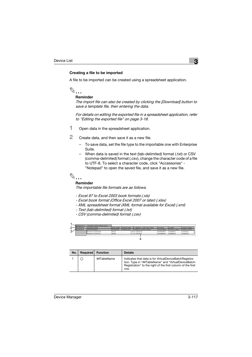 Creating a file to be imported, Creating a file to be imported -117 | Konica Minolta PageScope Net Care Device Manager User Manual | Page 147 / 331