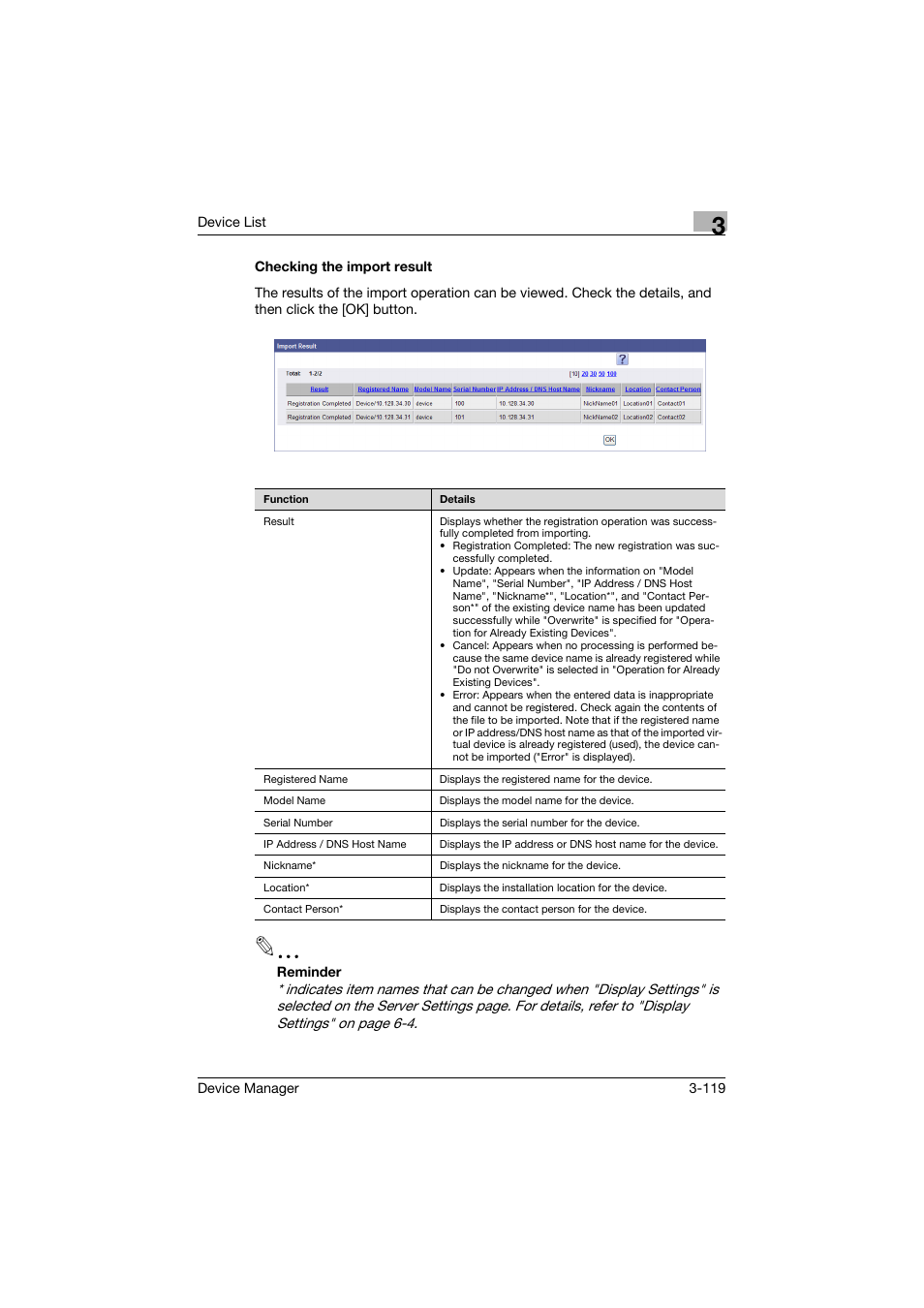 Checking the import result, Checking the import result -119 | Konica Minolta PageScope Net Care Device Manager User Manual | Page 149 / 331