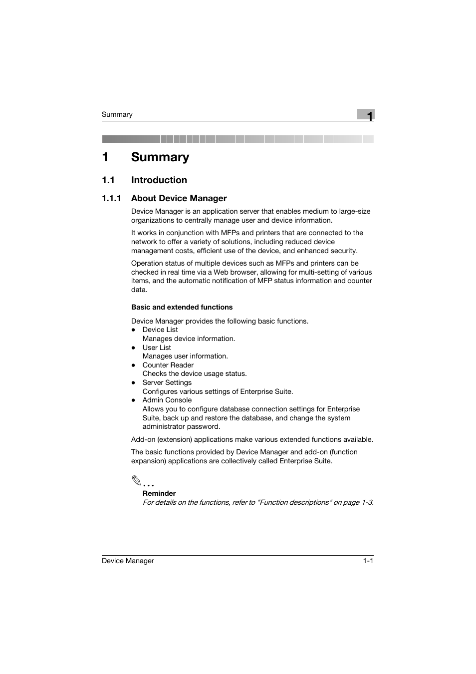 1 summary, 1 introduction, 1 about device manager | Basic and extended functions, Summary, Introduction -1, 1summary | Konica Minolta PageScope Net Care Device Manager User Manual | Page 15 / 331