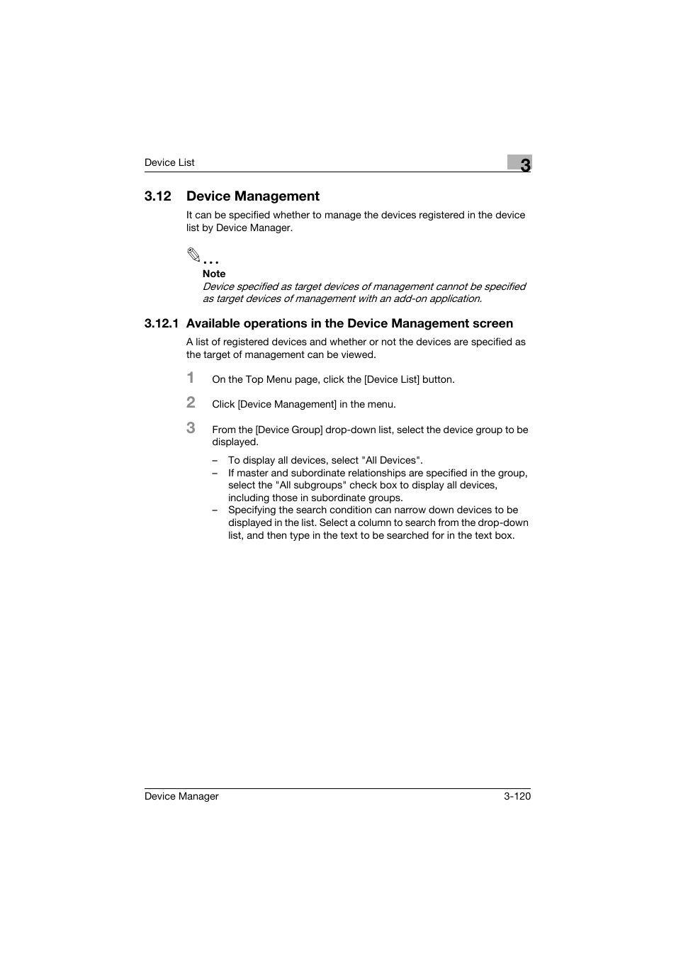 12 device management, Device management -120, P. 3-120) | Konica Minolta PageScope Net Care Device Manager User Manual | Page 150 / 331