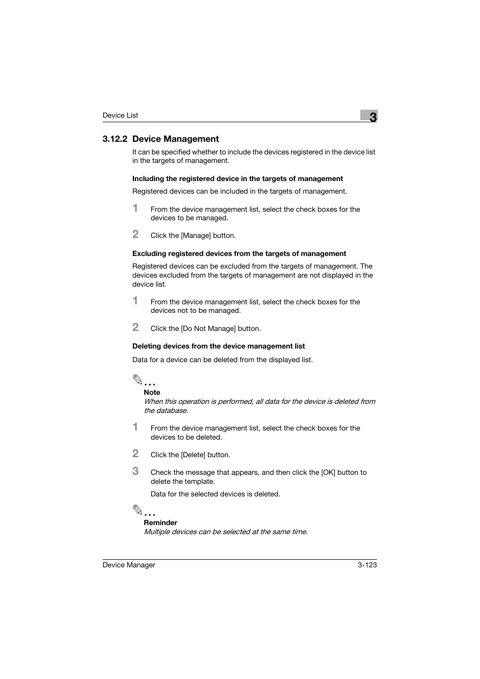 2 device management, Deleting devices from the device management list | Konica Minolta PageScope Net Care Device Manager User Manual | Page 153 / 331