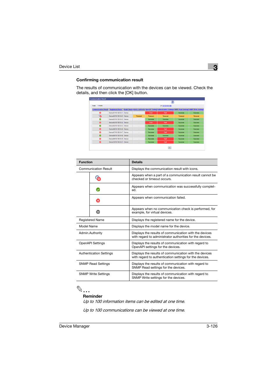 Confirming communication result, Confirming communication result -126 | Konica Minolta PageScope Net Care Device Manager User Manual | Page 156 / 331