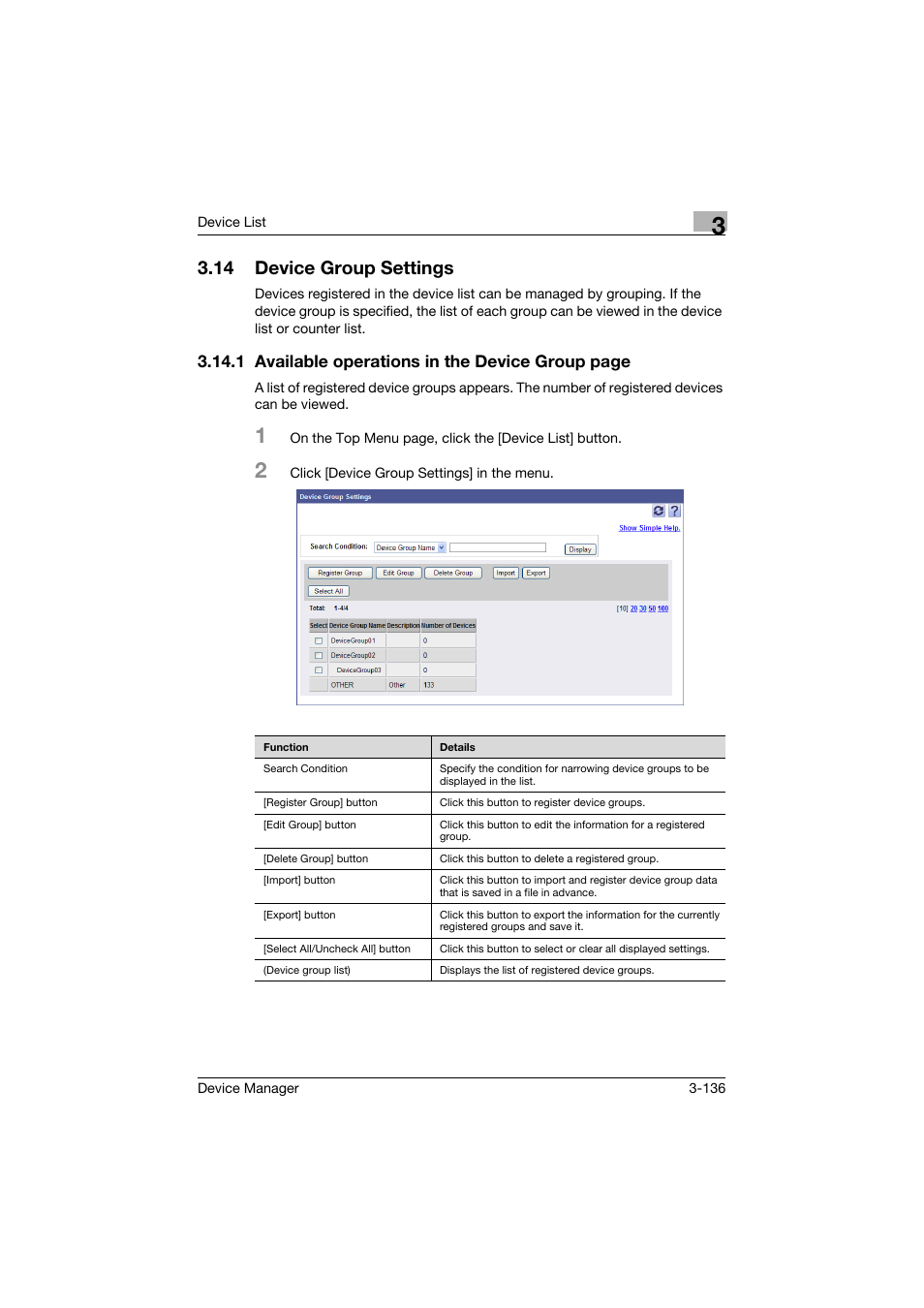 14 device group settings, Device group settings -136, 1 available operations in the device group page | Konica Minolta PageScope Net Care Device Manager User Manual | Page 166 / 331