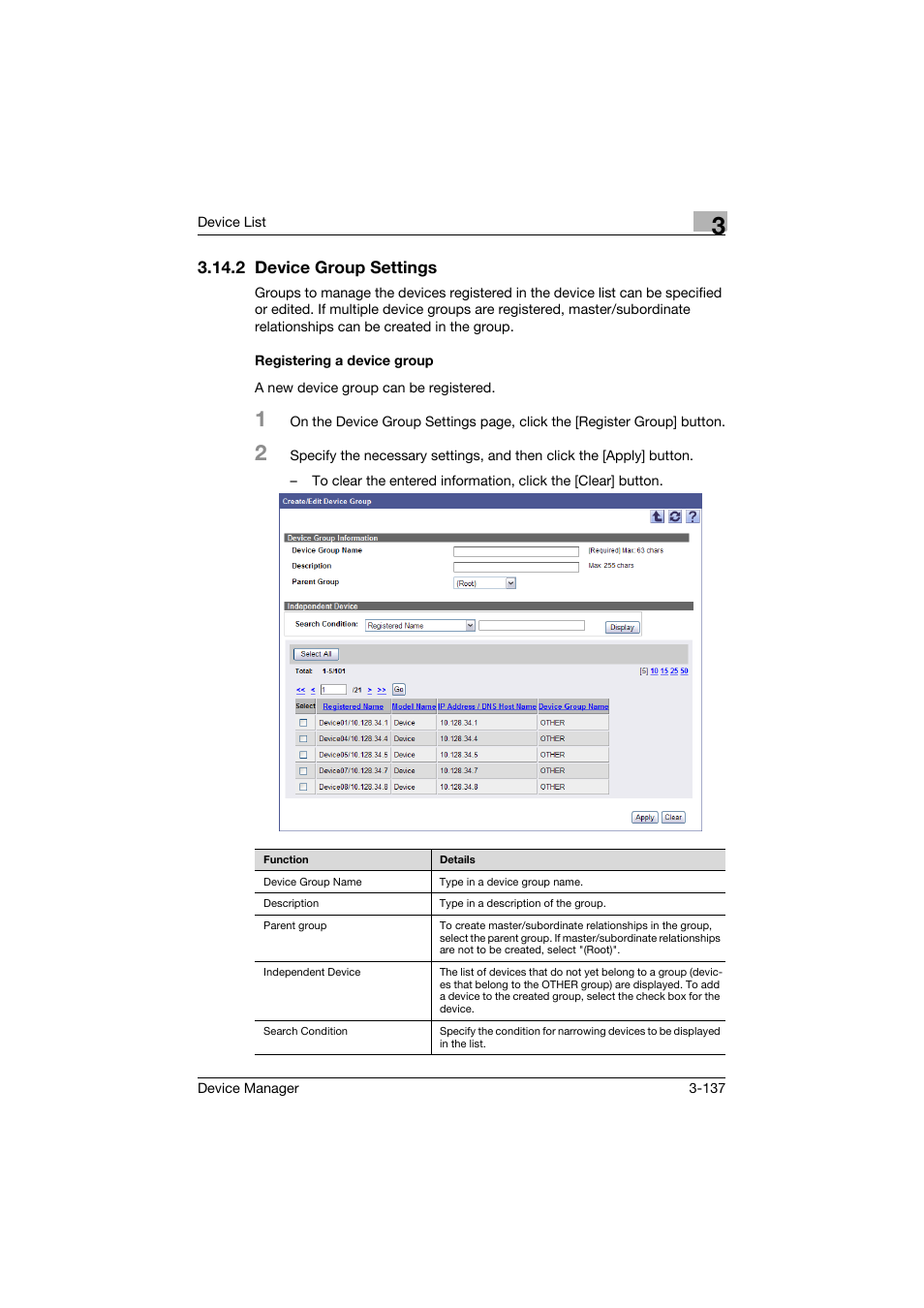 2 device group settings, Registering a device group | Konica Minolta PageScope Net Care Device Manager User Manual | Page 167 / 331