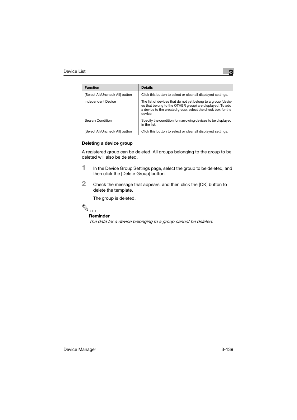 Deleting a device group, Deleting a device group -139 | Konica Minolta PageScope Net Care Device Manager User Manual | Page 169 / 331