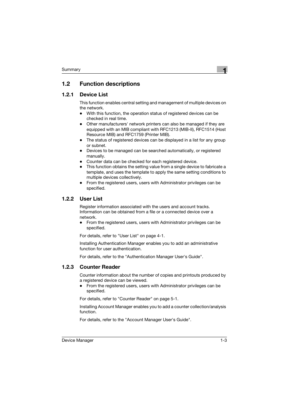 2 function descriptions, 1 device list, 2 user list | 3 counter reader, Function descriptions -3, Device list -3, User list -3, Counter reader -3 | Konica Minolta PageScope Net Care Device Manager User Manual | Page 17 / 331