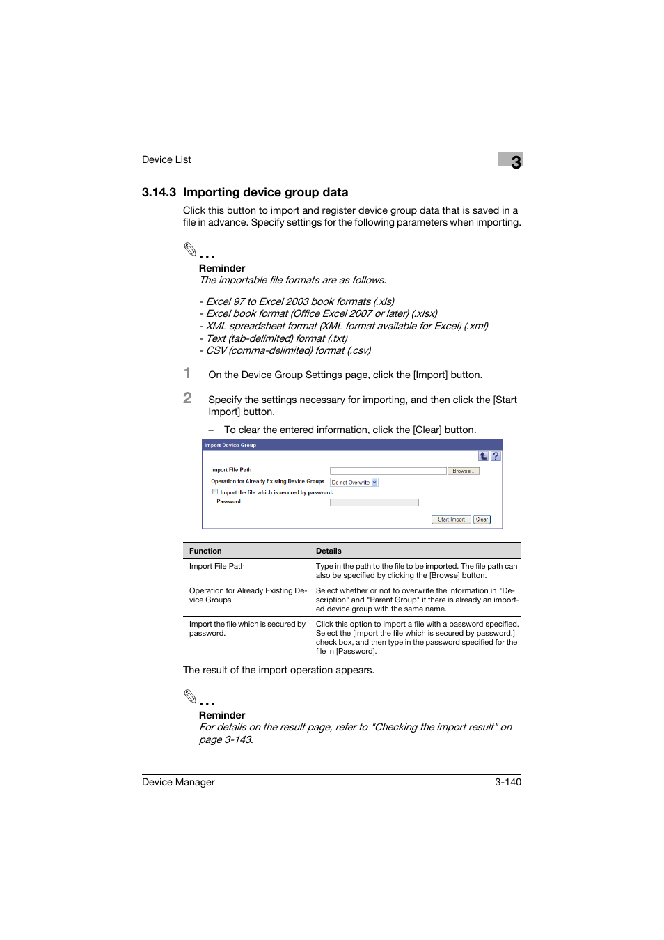 3 importing device group data, Importing device group data -140 | Konica Minolta PageScope Net Care Device Manager User Manual | Page 170 / 331