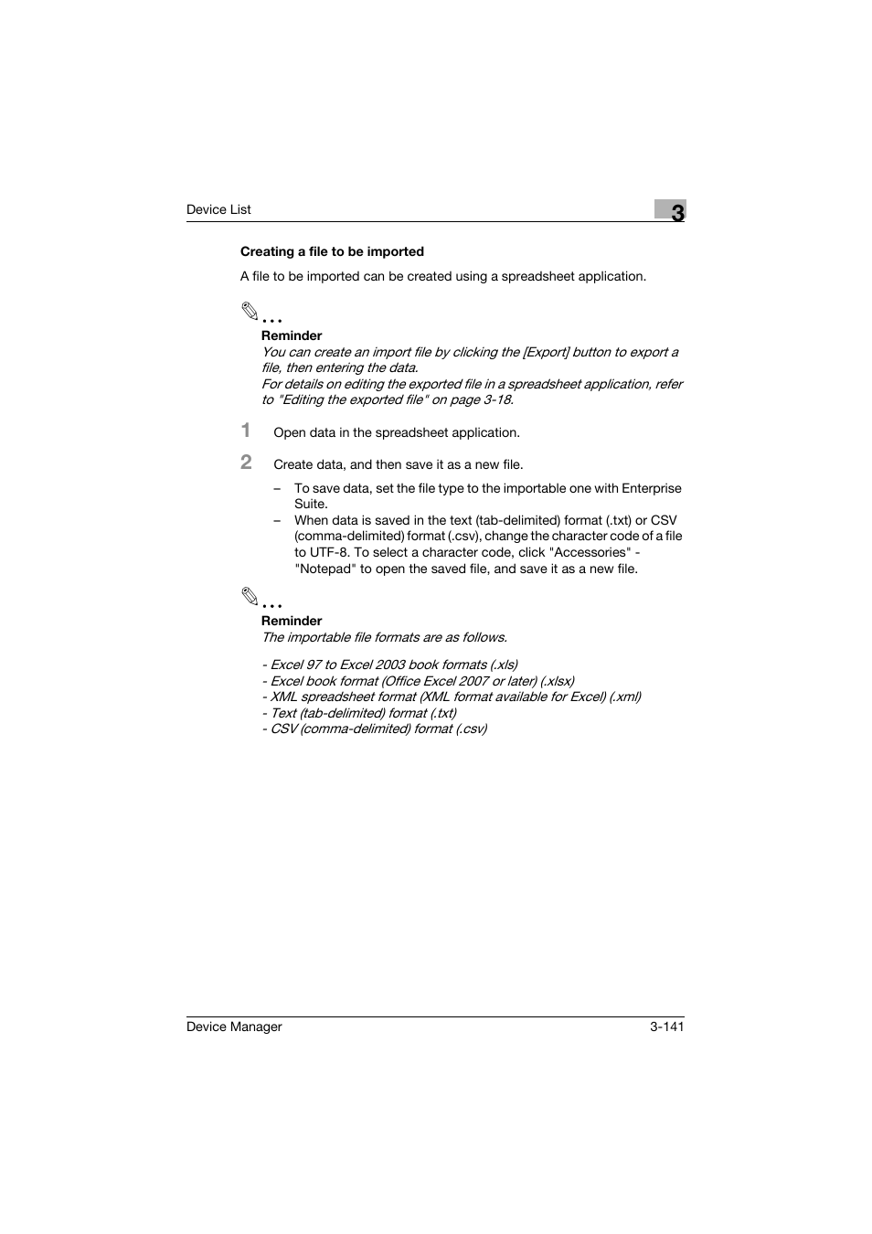 Creating a file to be imported, Creating a file to be imported -141 | Konica Minolta PageScope Net Care Device Manager User Manual | Page 171 / 331