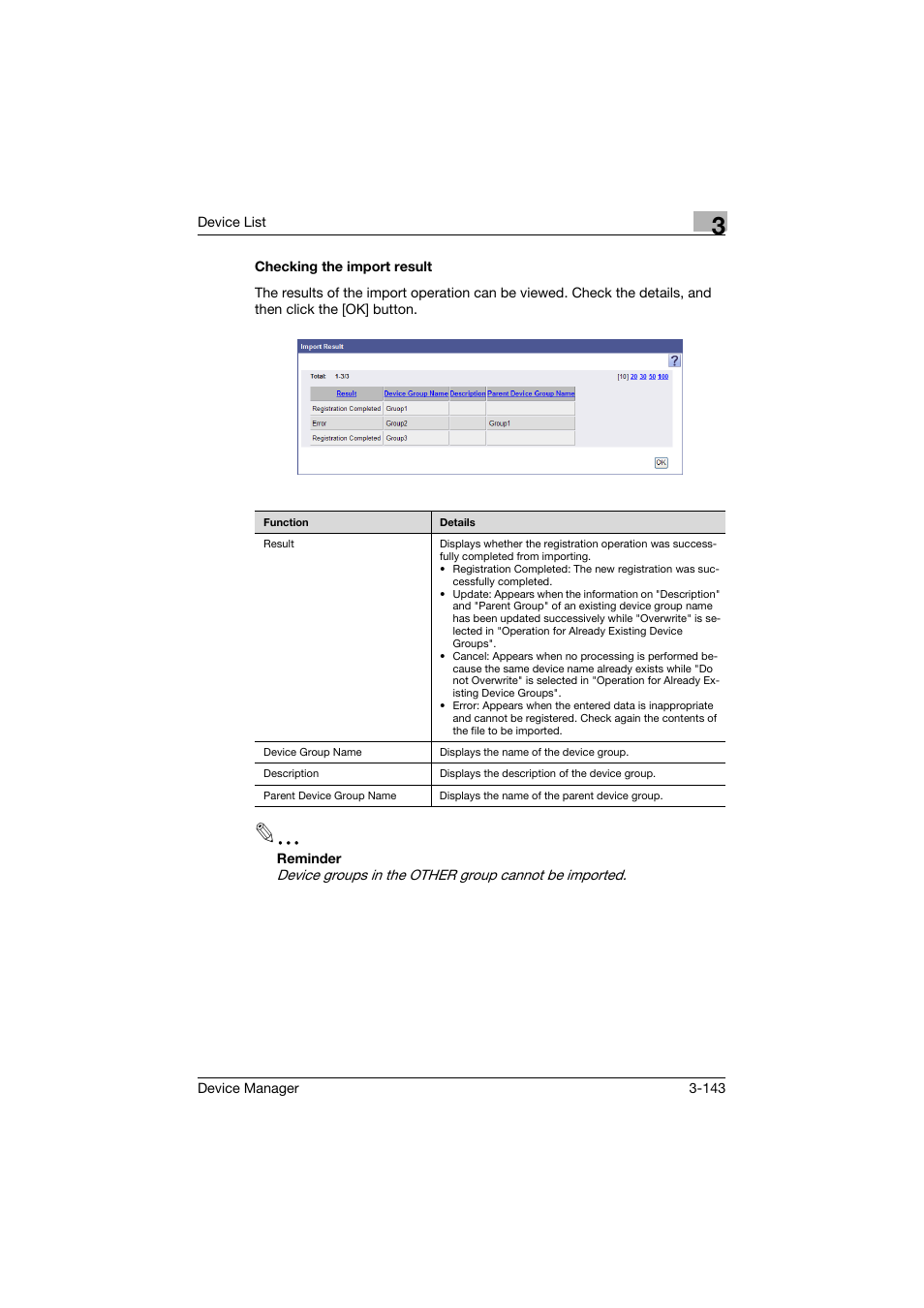 Checking the import result, Checking the import result -143 | Konica Minolta PageScope Net Care Device Manager User Manual | Page 173 / 331