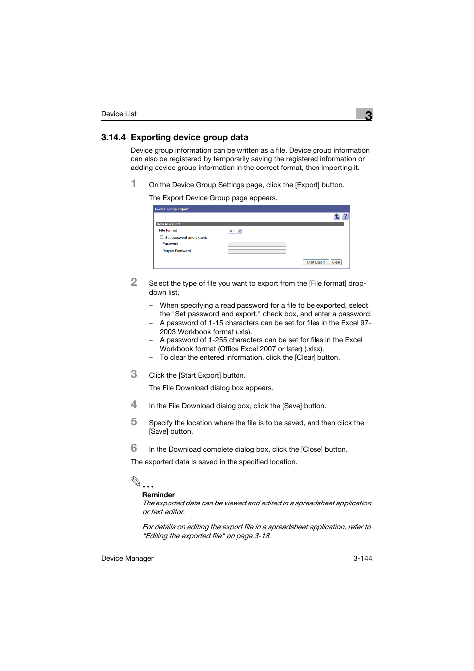 4 exporting device group data, Exporting device group data -144 | Konica Minolta PageScope Net Care Device Manager User Manual | Page 174 / 331