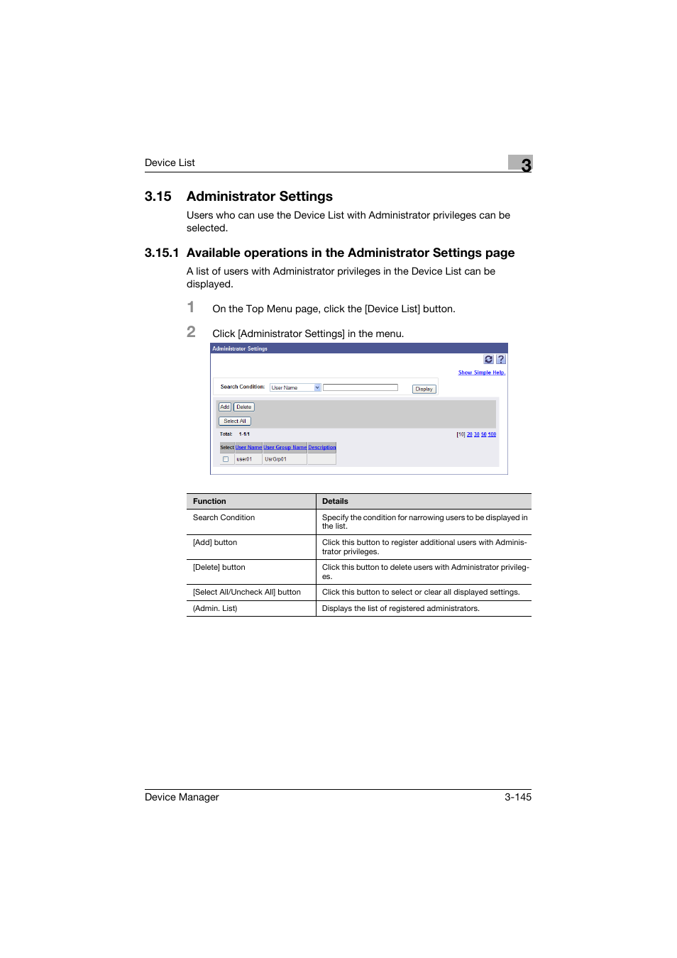 15 administrator settings, Administrator settings -145 | Konica Minolta PageScope Net Care Device Manager User Manual | Page 175 / 331