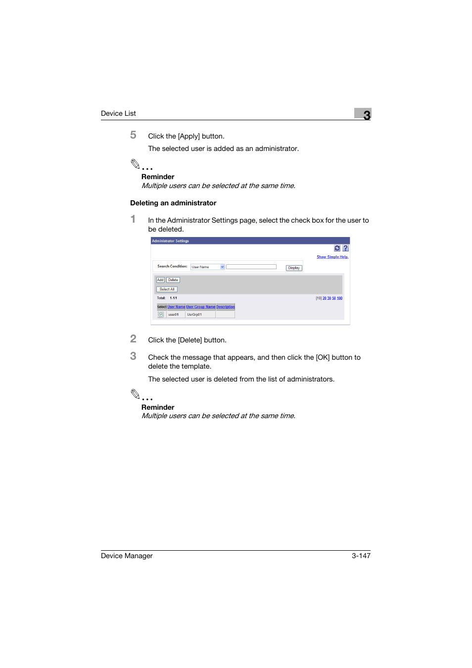 Deleting an administrator, Deleting an administrator -147 | Konica Minolta PageScope Net Care Device Manager User Manual | Page 177 / 331