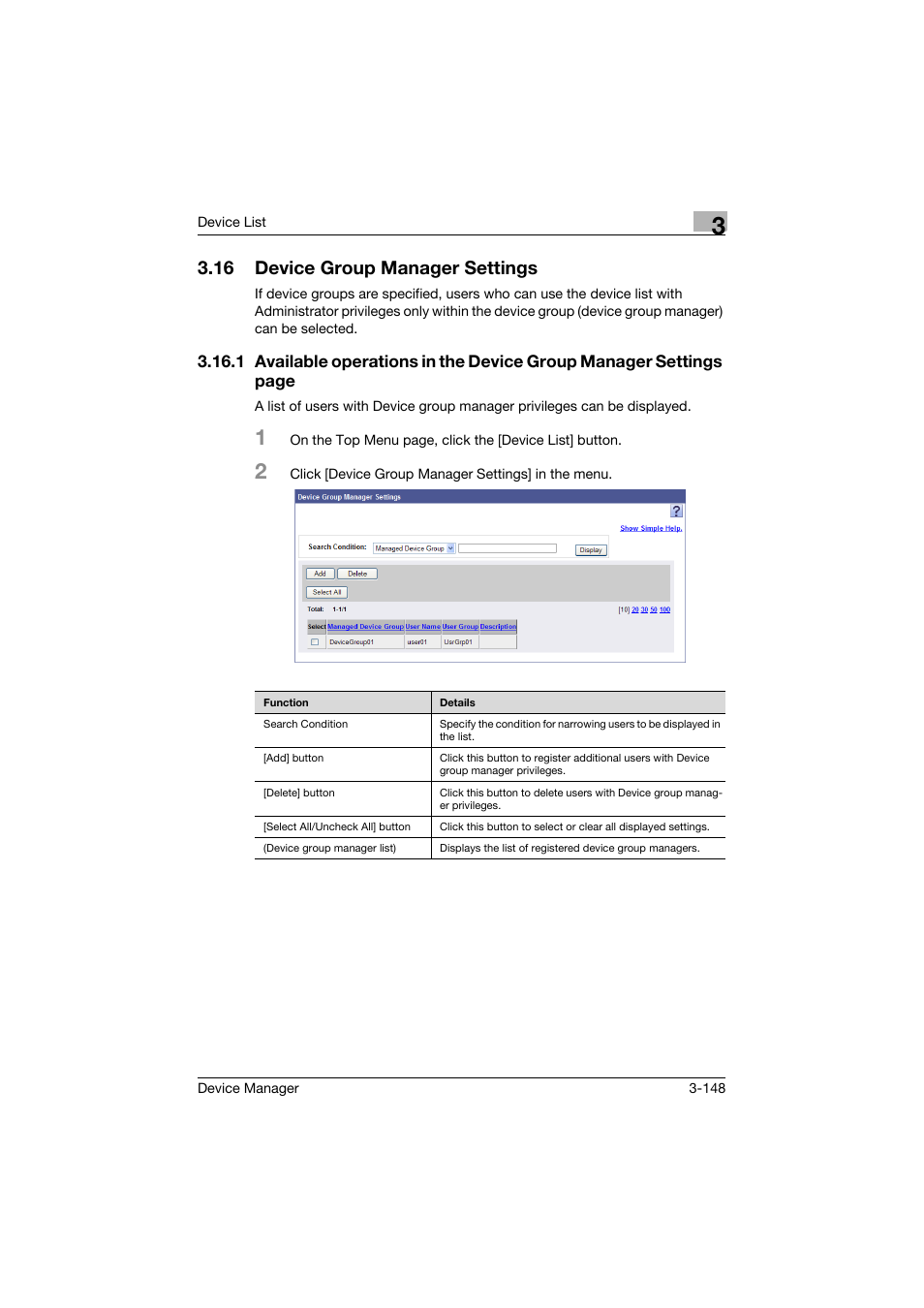 16 device group manager settings, Device group manager settings -148 | Konica Minolta PageScope Net Care Device Manager User Manual | Page 178 / 331