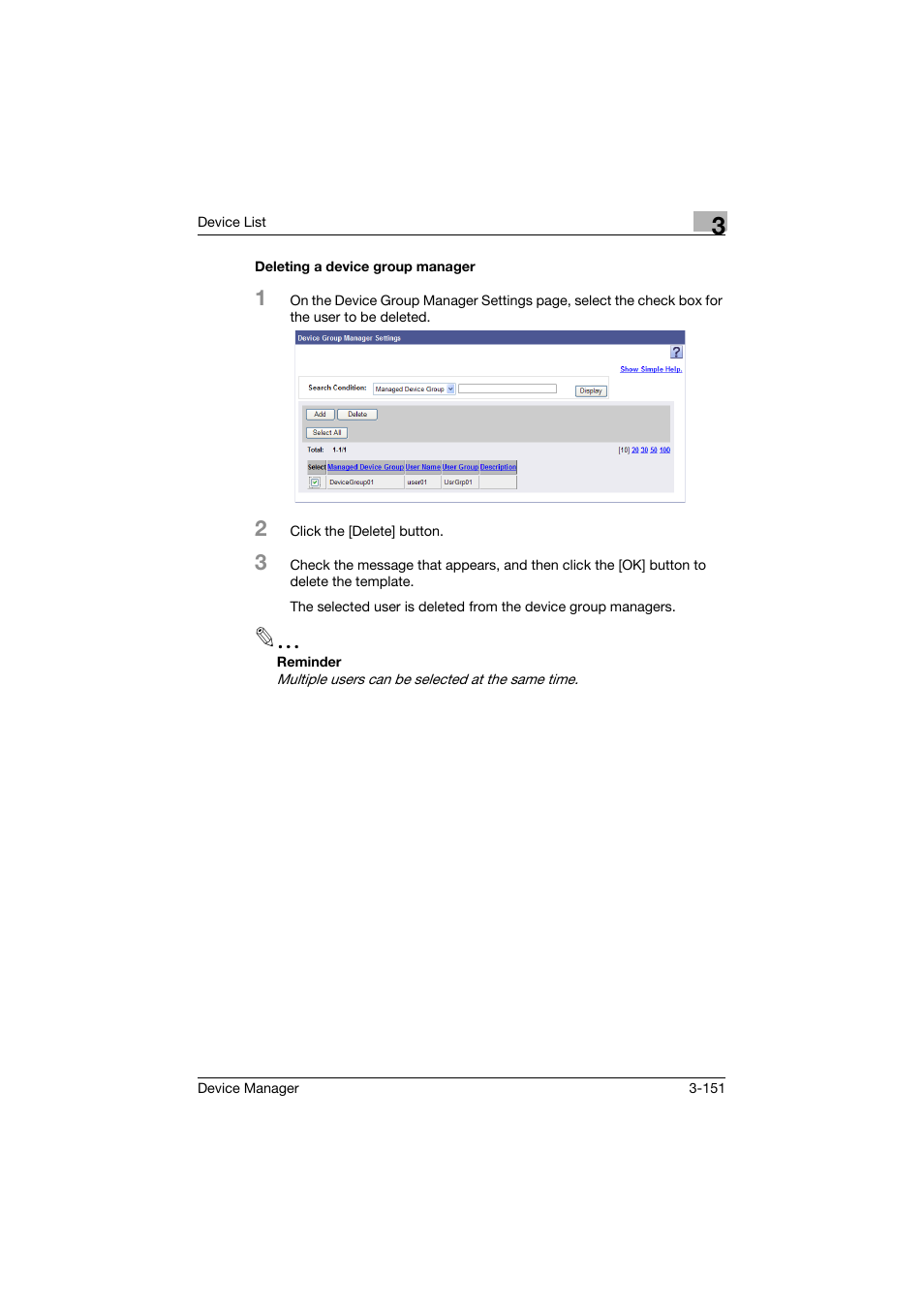 Deleting a device group manager, Deleting a device group manager -151 | Konica Minolta PageScope Net Care Device Manager User Manual | Page 181 / 331