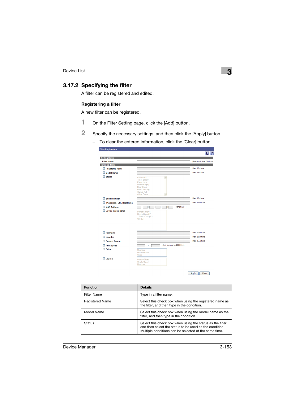 2 specifying the filter, Registering a filter | Konica Minolta PageScope Net Care Device Manager User Manual | Page 183 / 331