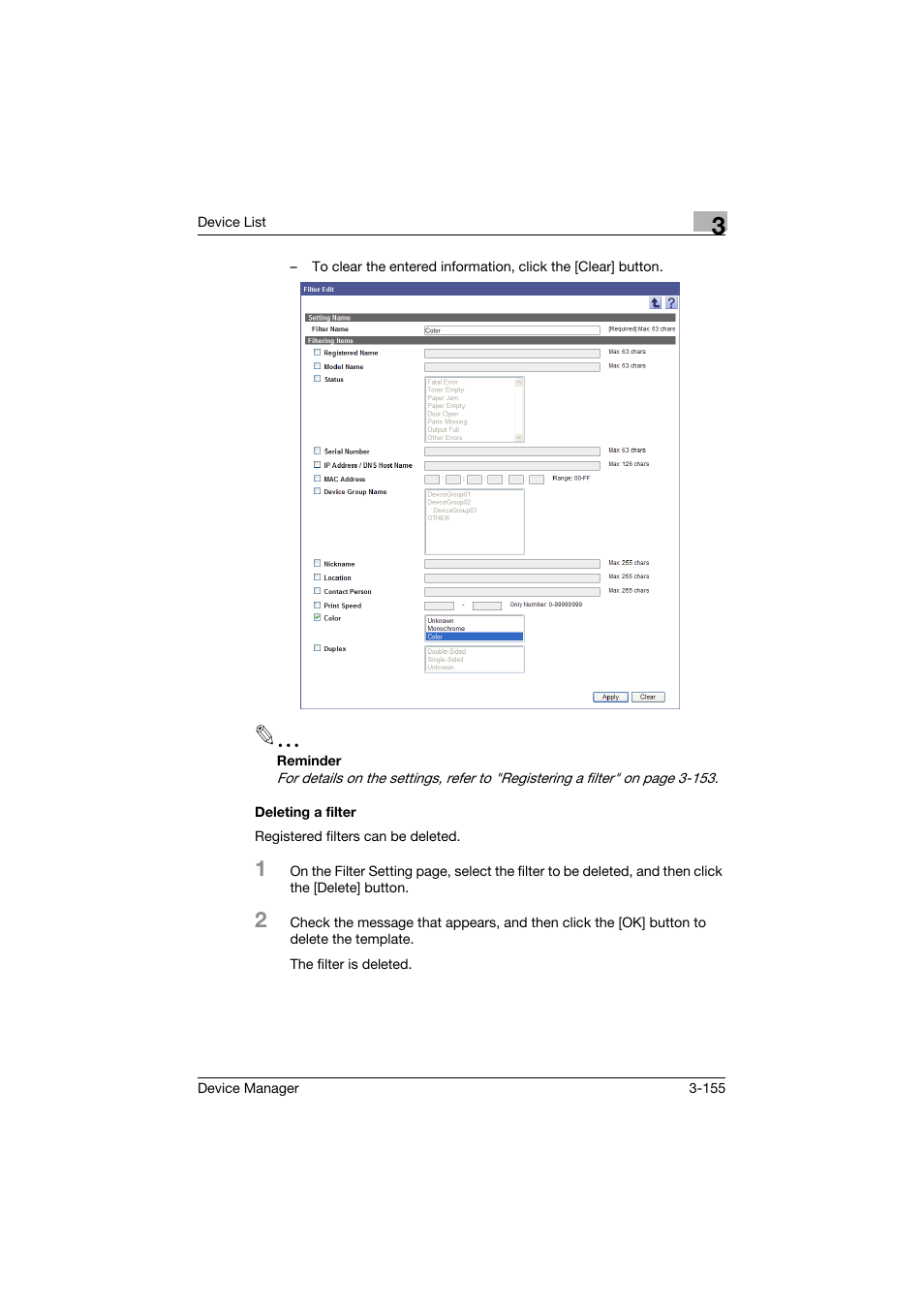 Deleting a filter, Deleting a filter -155 | Konica Minolta PageScope Net Care Device Manager User Manual | Page 185 / 331