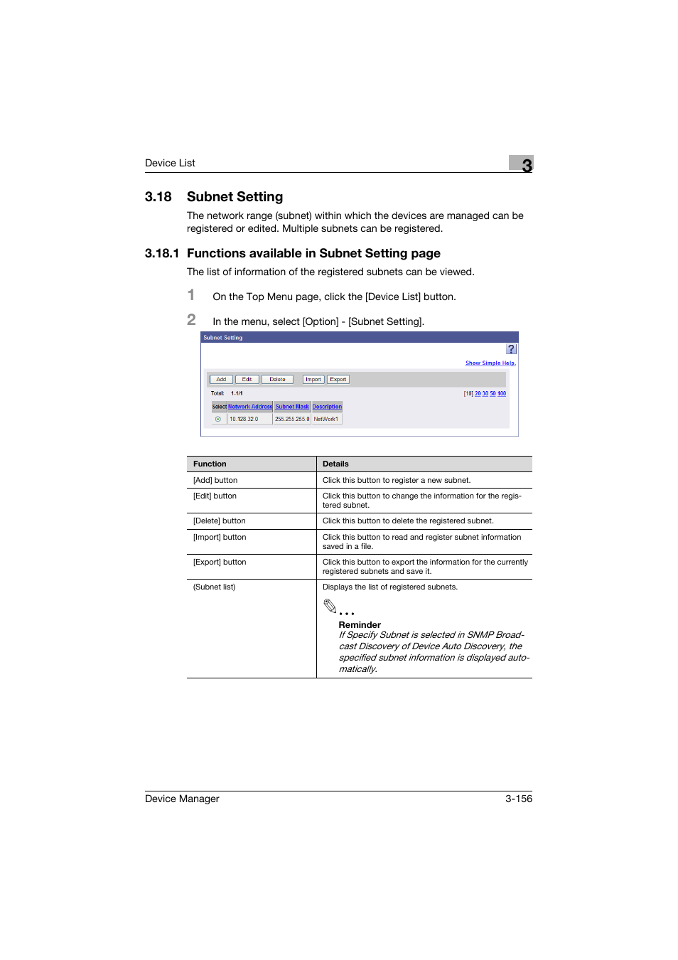 18 subnet setting, Subnet setting -156 | Konica Minolta PageScope Net Care Device Manager User Manual | Page 186 / 331