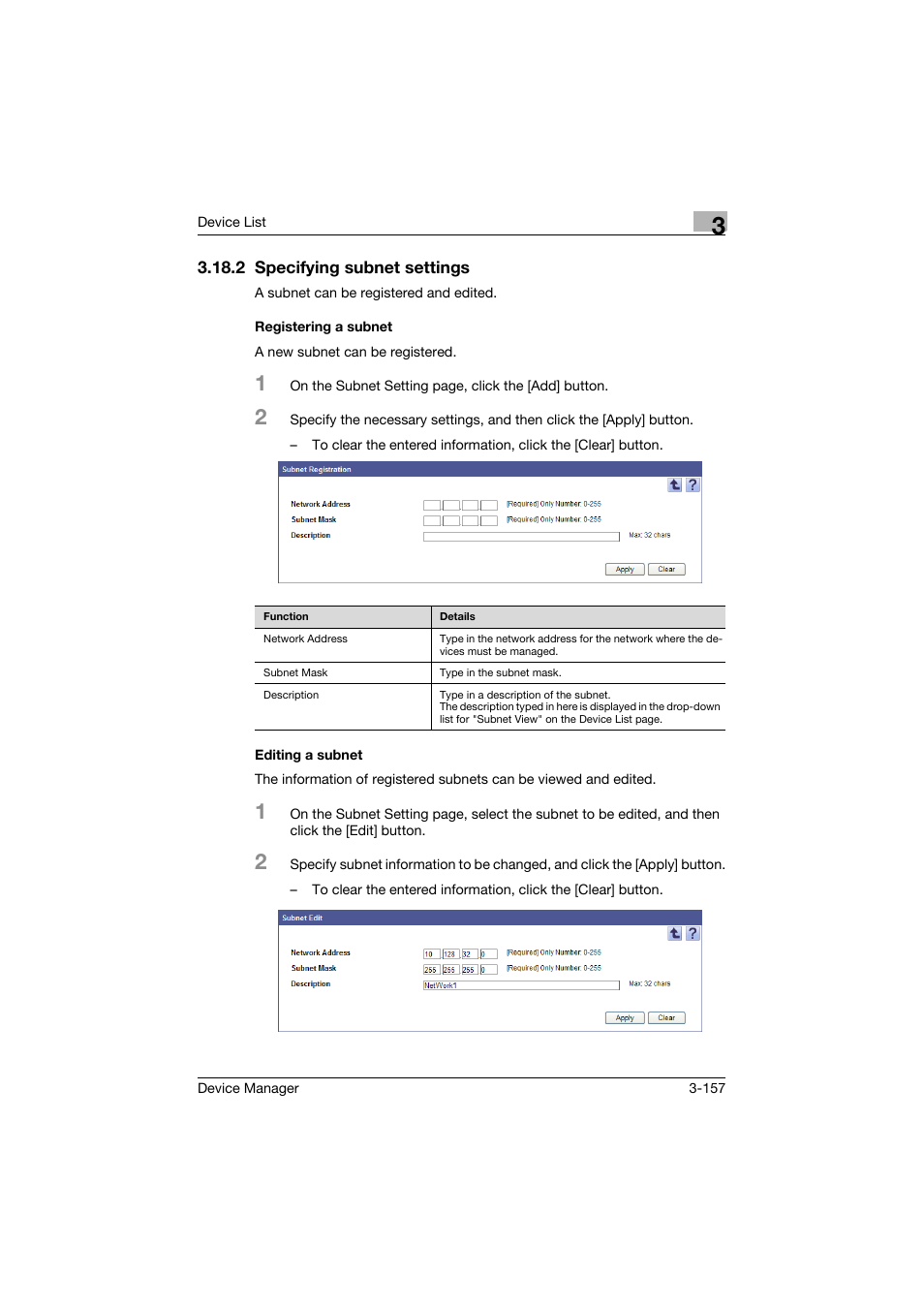 2 specifying subnet settings, Registering a subnet, Editing a subnet | Konica Minolta PageScope Net Care Device Manager User Manual | Page 187 / 331