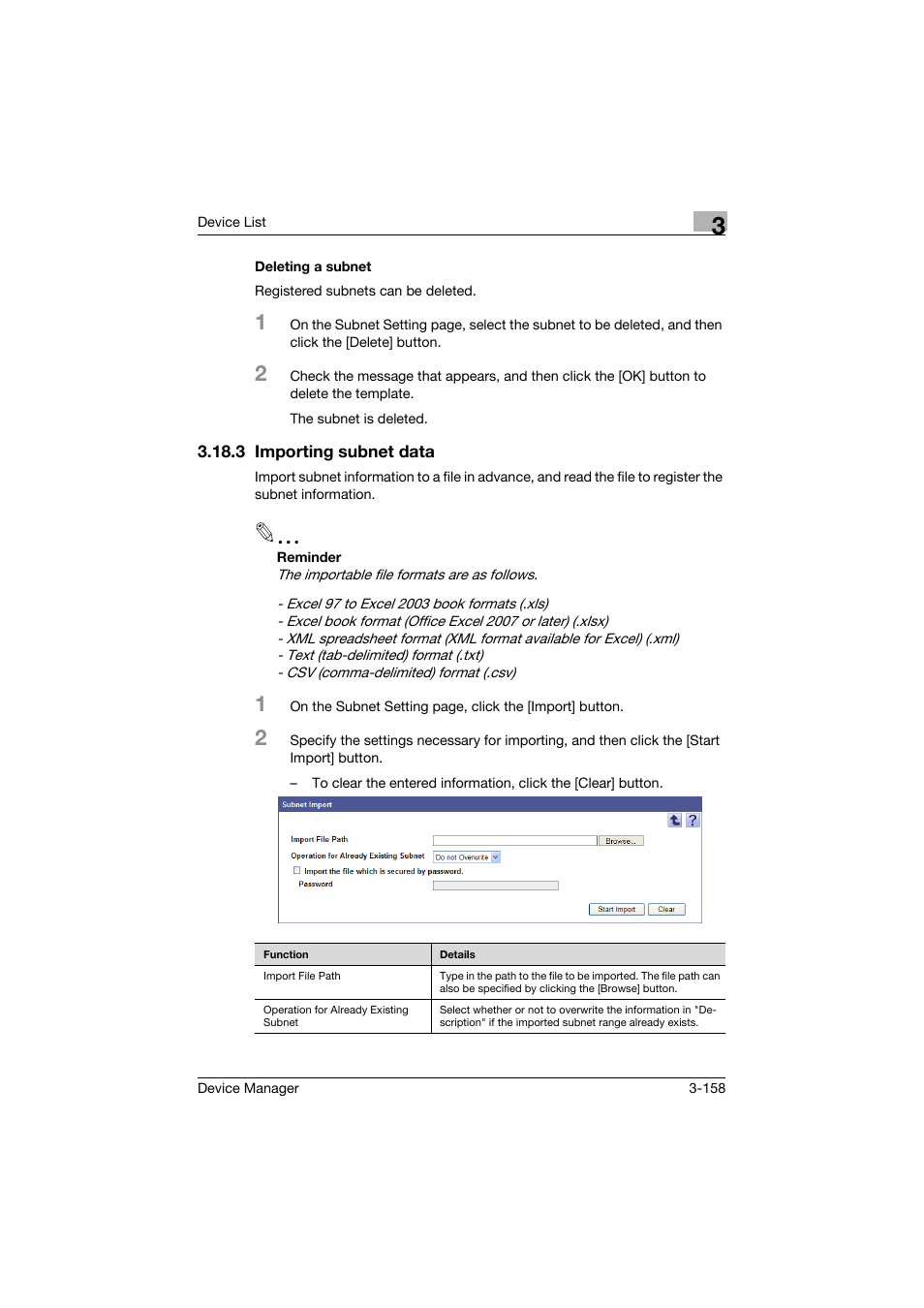 Deleting a subnet, 3 importing subnet data, Deleting a subnet -158 | Importing subnet data -158 | Konica Minolta PageScope Net Care Device Manager User Manual | Page 188 / 331