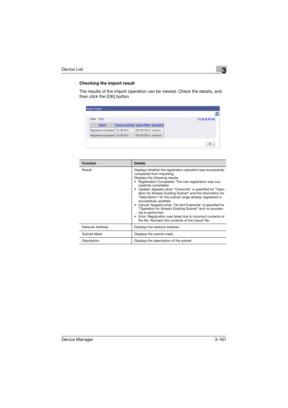 Checking the import result, Checking the import result -161 | Konica Minolta PageScope Net Care Device Manager User Manual | Page 191 / 331