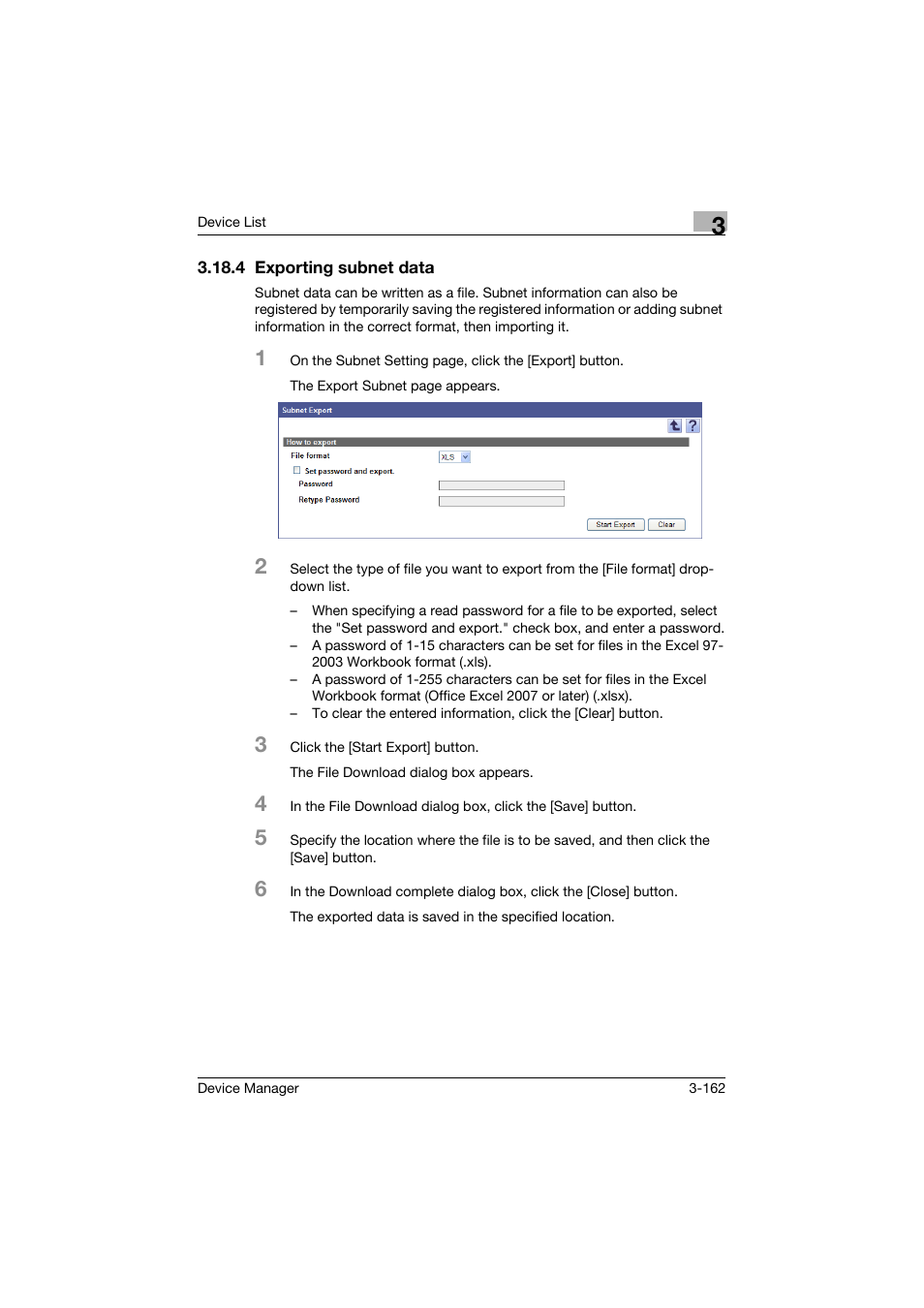 4 exporting subnet data, Exporting subnet data -162 | Konica Minolta PageScope Net Care Device Manager User Manual | Page 192 / 331