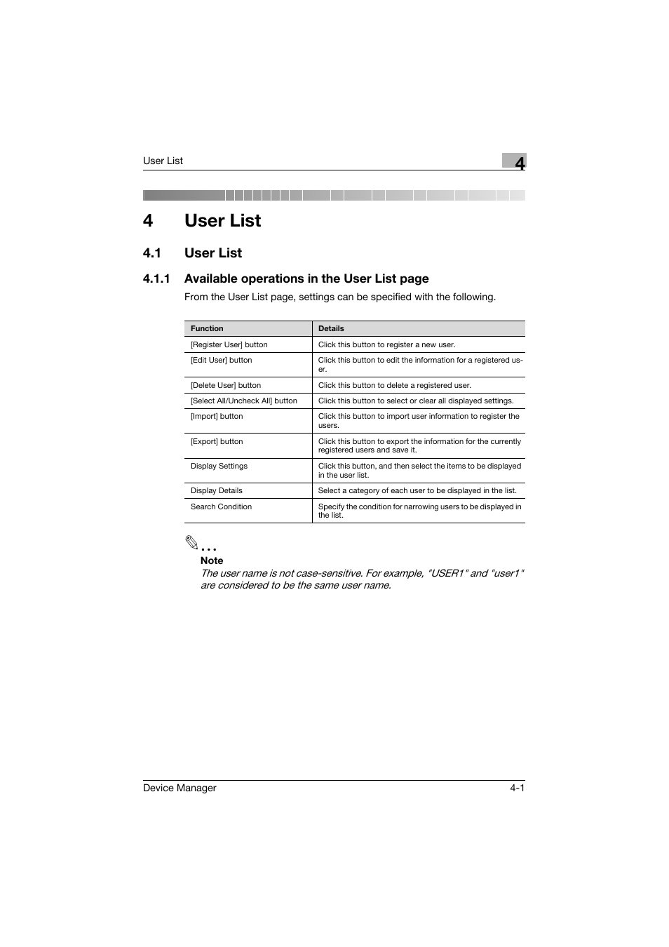 4 user list, 1 user list, User list | User list -1, 4user list | Konica Minolta PageScope Net Care Device Manager User Manual | Page 196 / 331