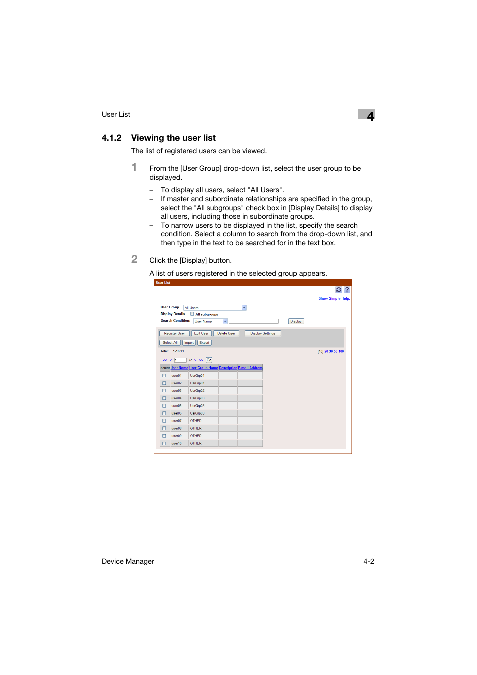 2 viewing the user list, Viewing the user list -2 | Konica Minolta PageScope Net Care Device Manager User Manual | Page 197 / 331
