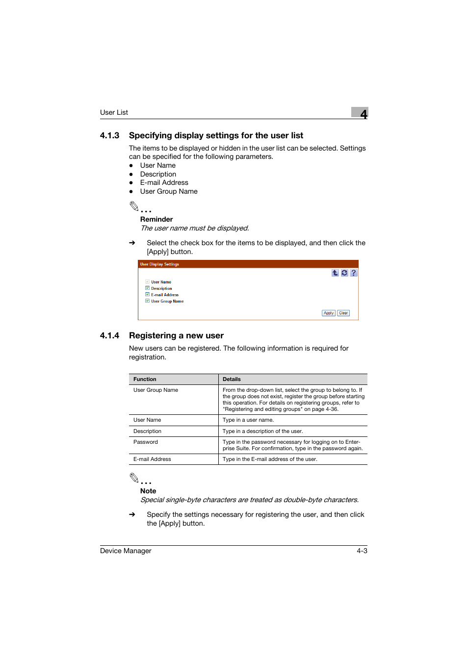 3 specifying display settings for the user list, 4 registering a new user, Specifying display settings for the user list -3 | Registering a new user -3, P. 4-3) | Konica Minolta PageScope Net Care Device Manager User Manual | Page 198 / 331