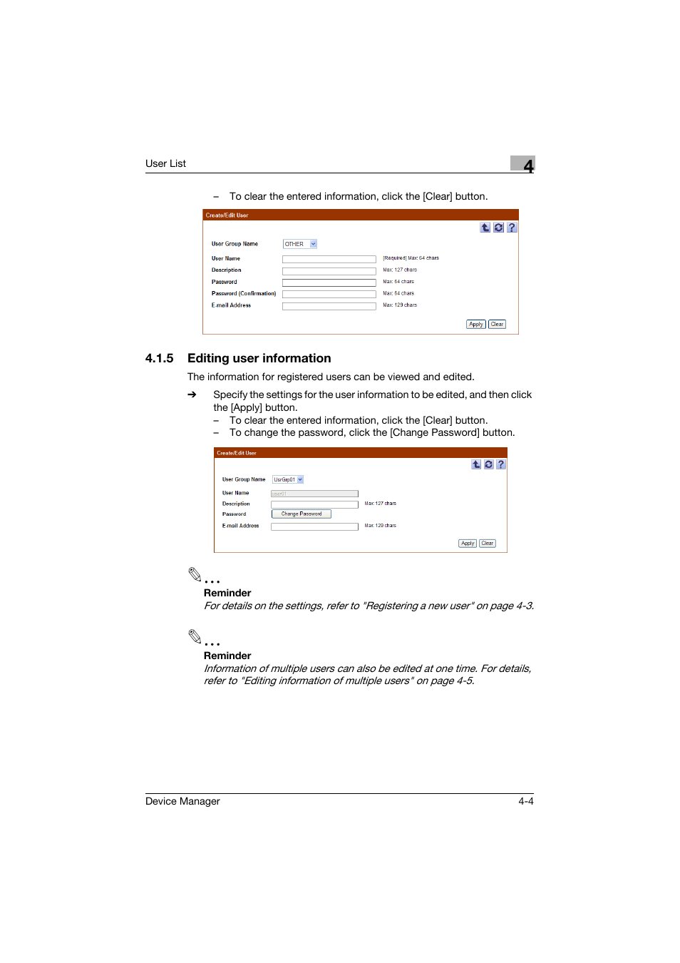 5 editing user information, Editing user information -4 | Konica Minolta PageScope Net Care Device Manager User Manual | Page 199 / 331