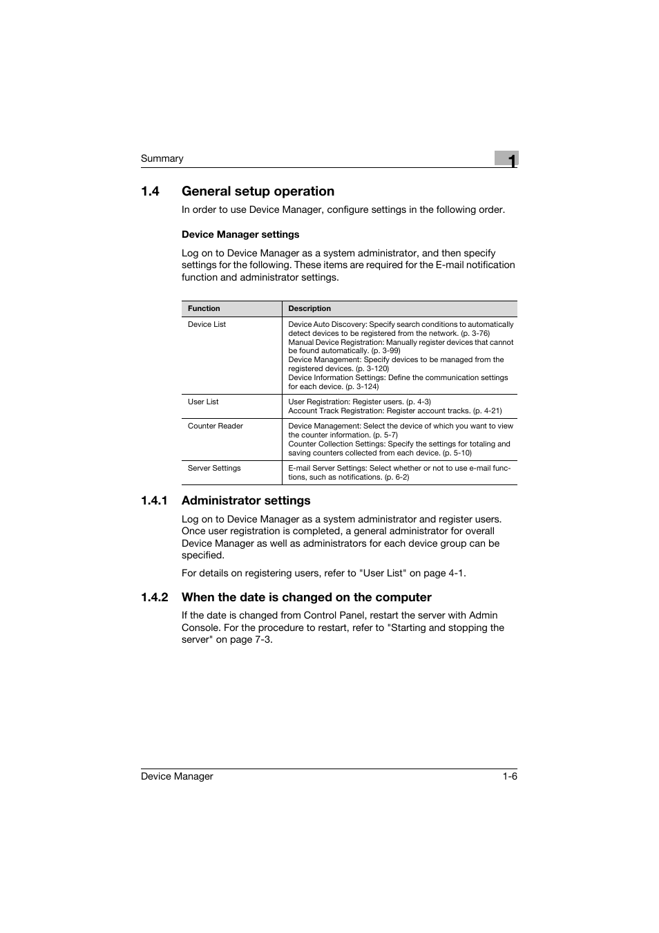 4 general setup operation, Device manager settings, 1 administrator settings | 2 when the date is changed on the computer, General setup operation -6, Device manager settings -6, Administrator settings -6, When the date is changed on the computer -6 | Konica Minolta PageScope Net Care Device Manager User Manual | Page 20 / 331