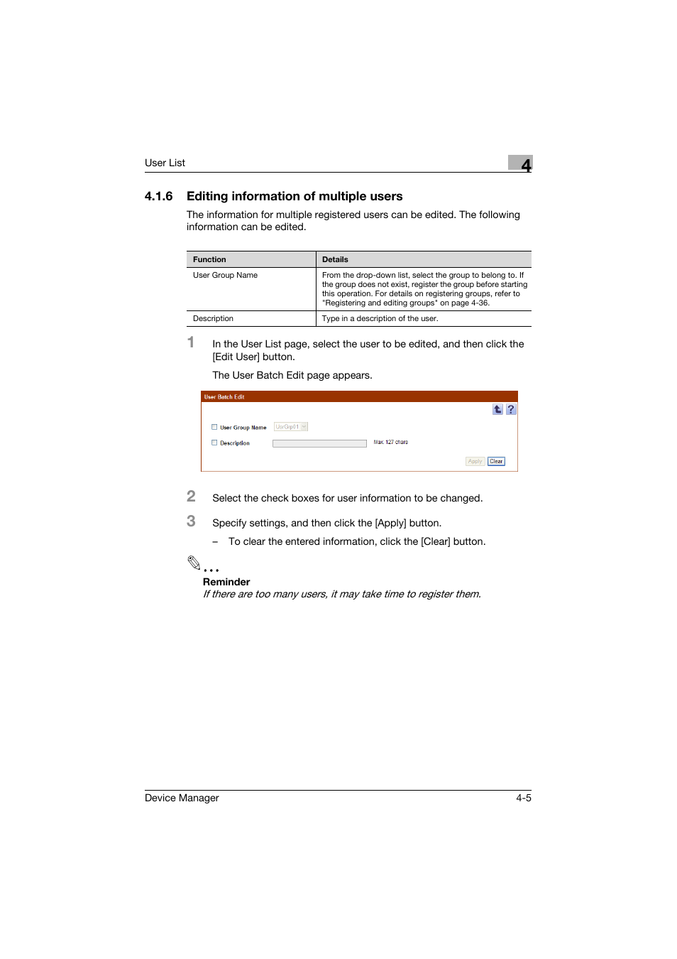 6 editing information of multiple users, Editing information of multiple users -5 | Konica Minolta PageScope Net Care Device Manager User Manual | Page 200 / 331