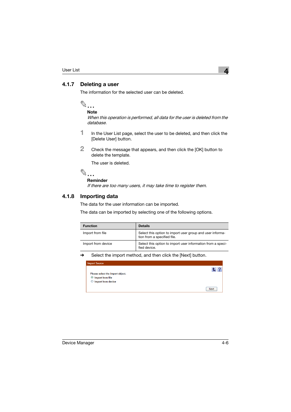 7 deleting a user, 8 importing data, Deleting a user -6 | Importing data -6 | Konica Minolta PageScope Net Care Device Manager User Manual | Page 201 / 331