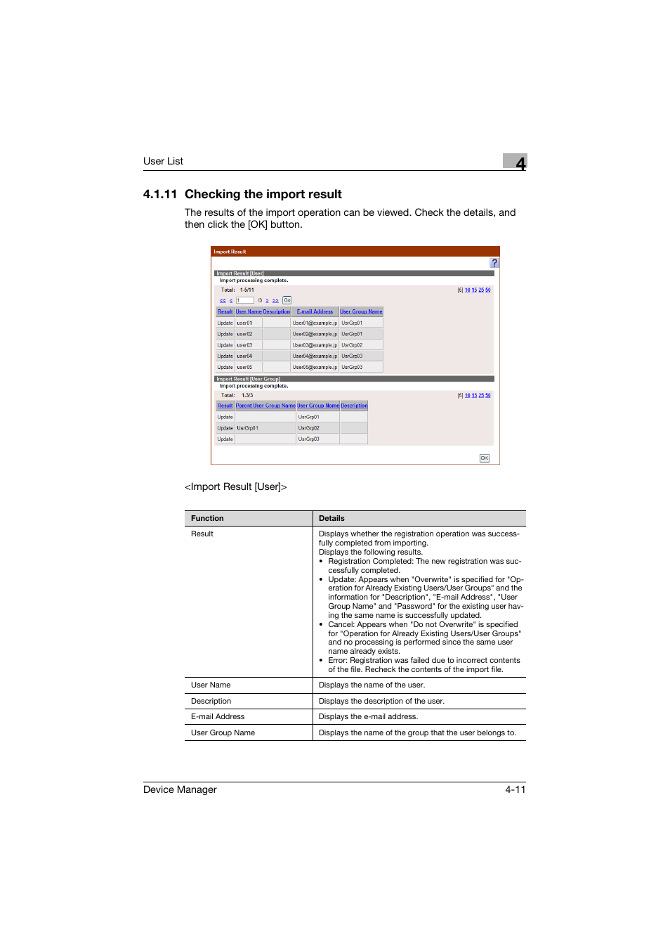 11 checking the import result, Checking the import result -11 | Konica Minolta PageScope Net Care Device Manager User Manual | Page 206 / 331