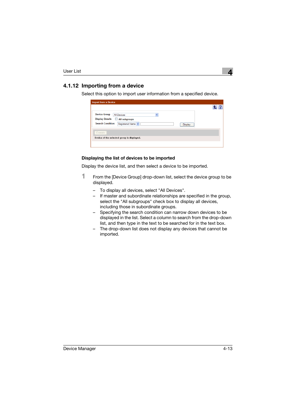 12 importing from a device, Displaying the list of devices to be imported | Konica Minolta PageScope Net Care Device Manager User Manual | Page 208 / 331