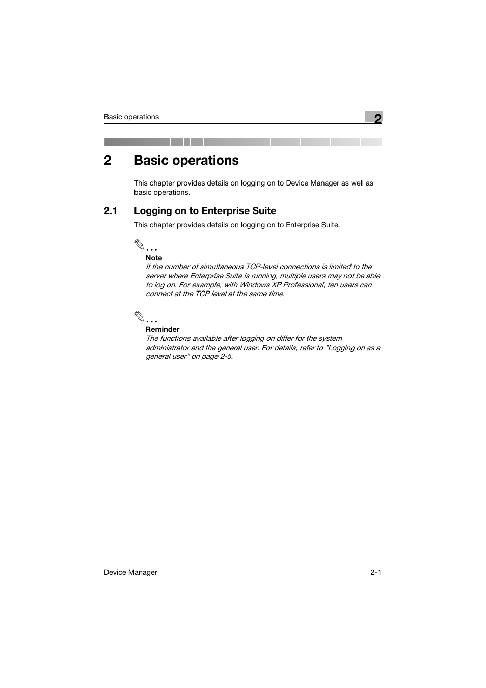 2 basic operations, 1 logging on to enterprise suite, Basic operations | Logging on to enterprise suite -1, 2basic operations | Konica Minolta PageScope Net Care Device Manager User Manual | Page 21 / 331