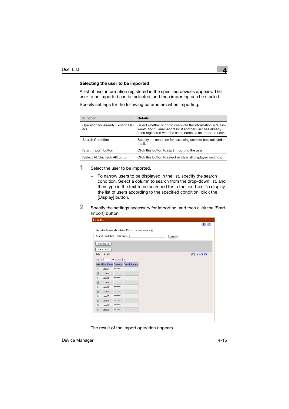 Selecting the user to be imported, Selecting the user to be imported -15 | Konica Minolta PageScope Net Care Device Manager User Manual | Page 210 / 331