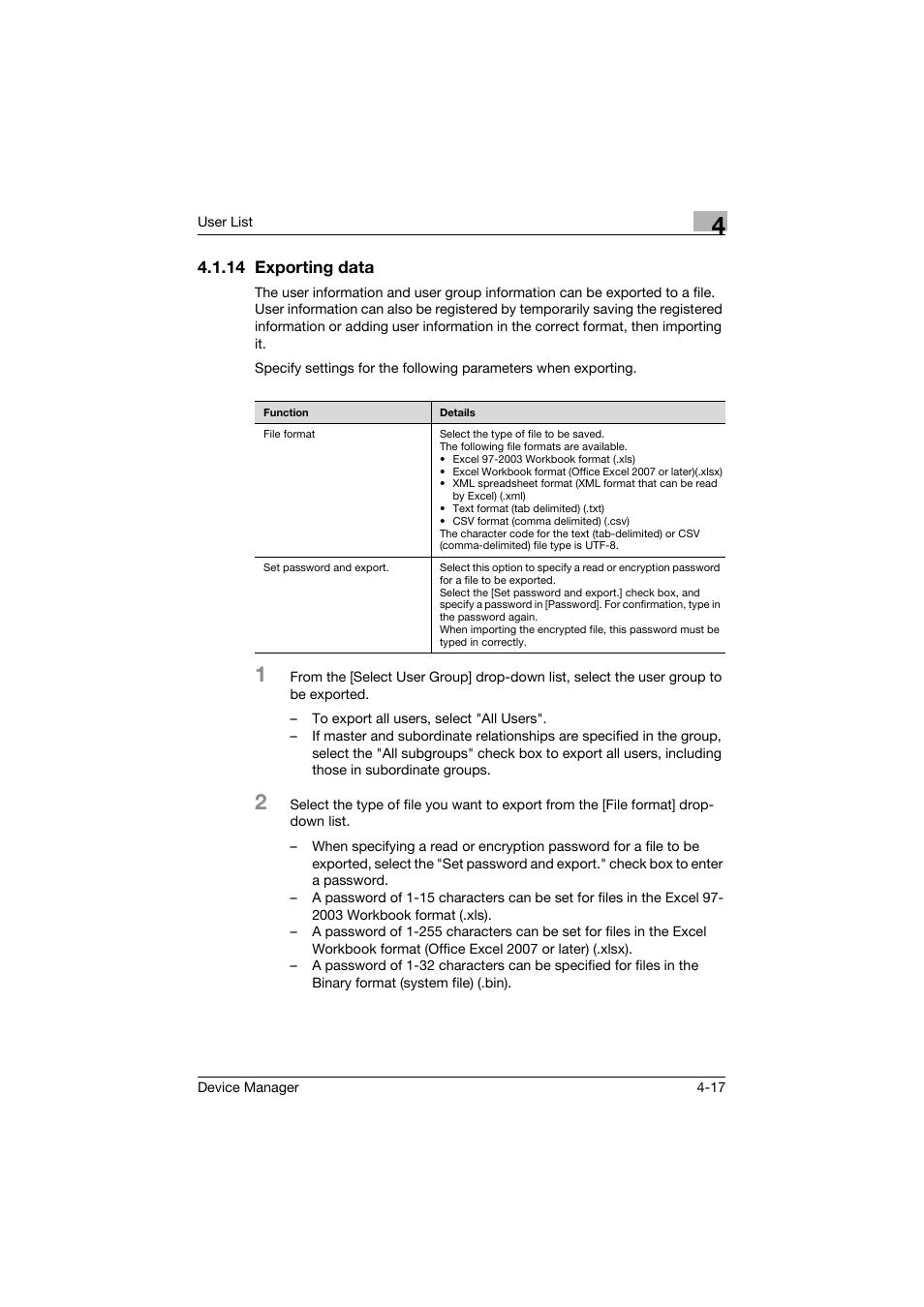 14 exporting data, Exporting data -17 | Konica Minolta PageScope Net Care Device Manager User Manual | Page 212 / 331