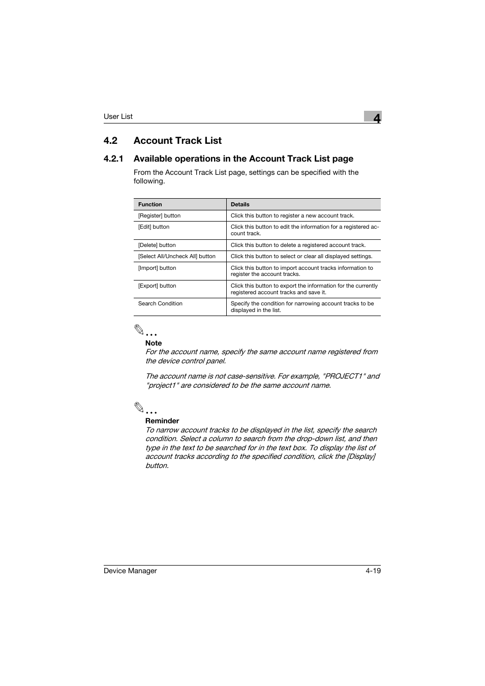 2 account track list, Account track list -19 | Konica Minolta PageScope Net Care Device Manager User Manual | Page 214 / 331