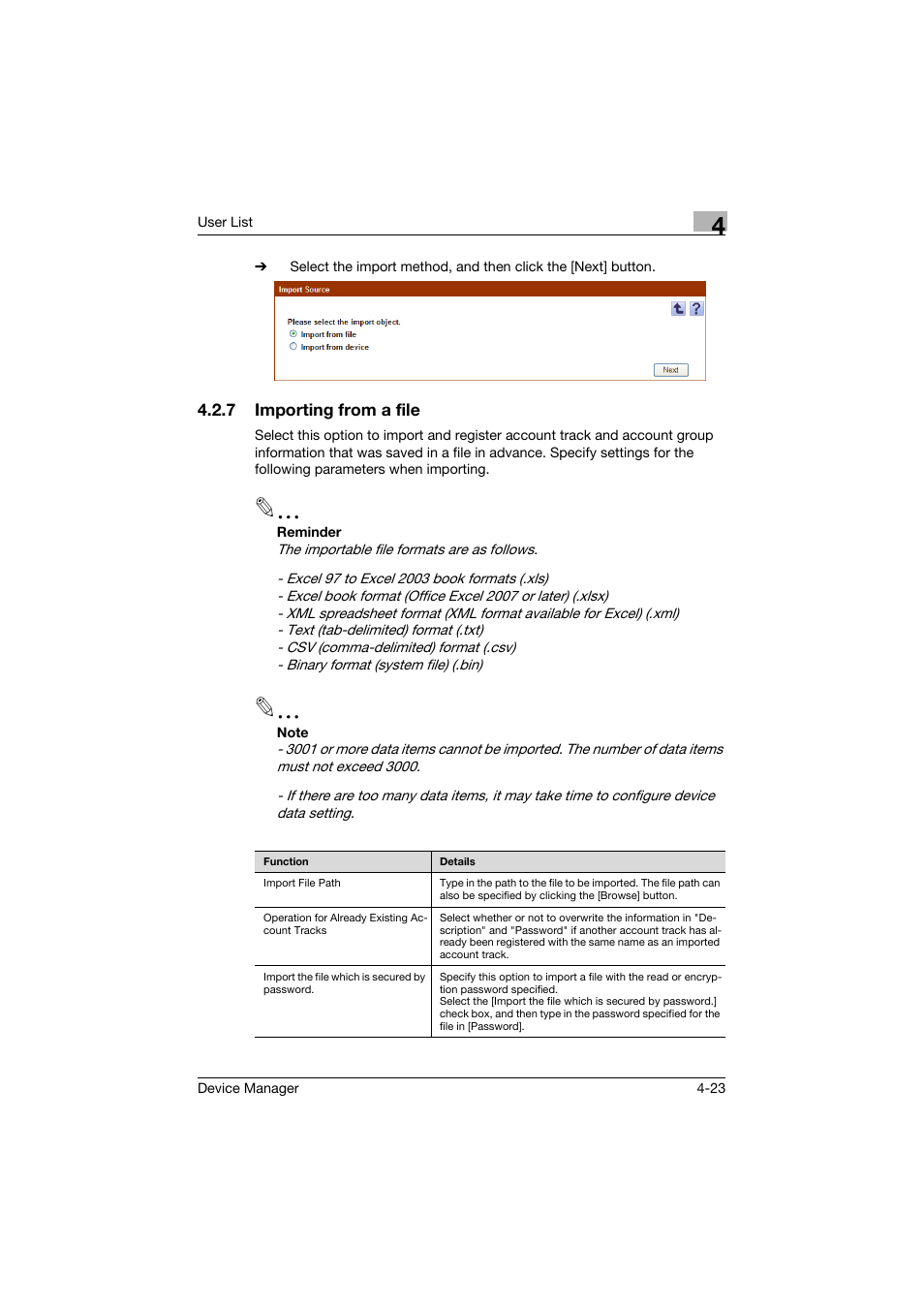 7 importing from a file, Importing from a file -23 | Konica Minolta PageScope Net Care Device Manager User Manual | Page 218 / 331