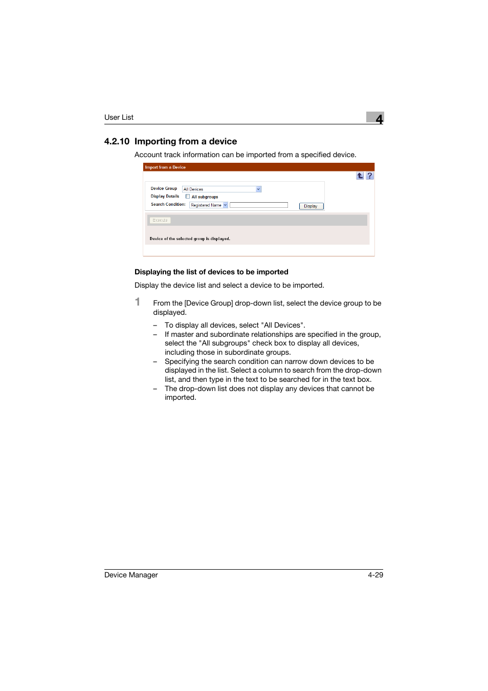 10 importing from a device, Displaying the list of devices to be imported | Konica Minolta PageScope Net Care Device Manager User Manual | Page 224 / 331