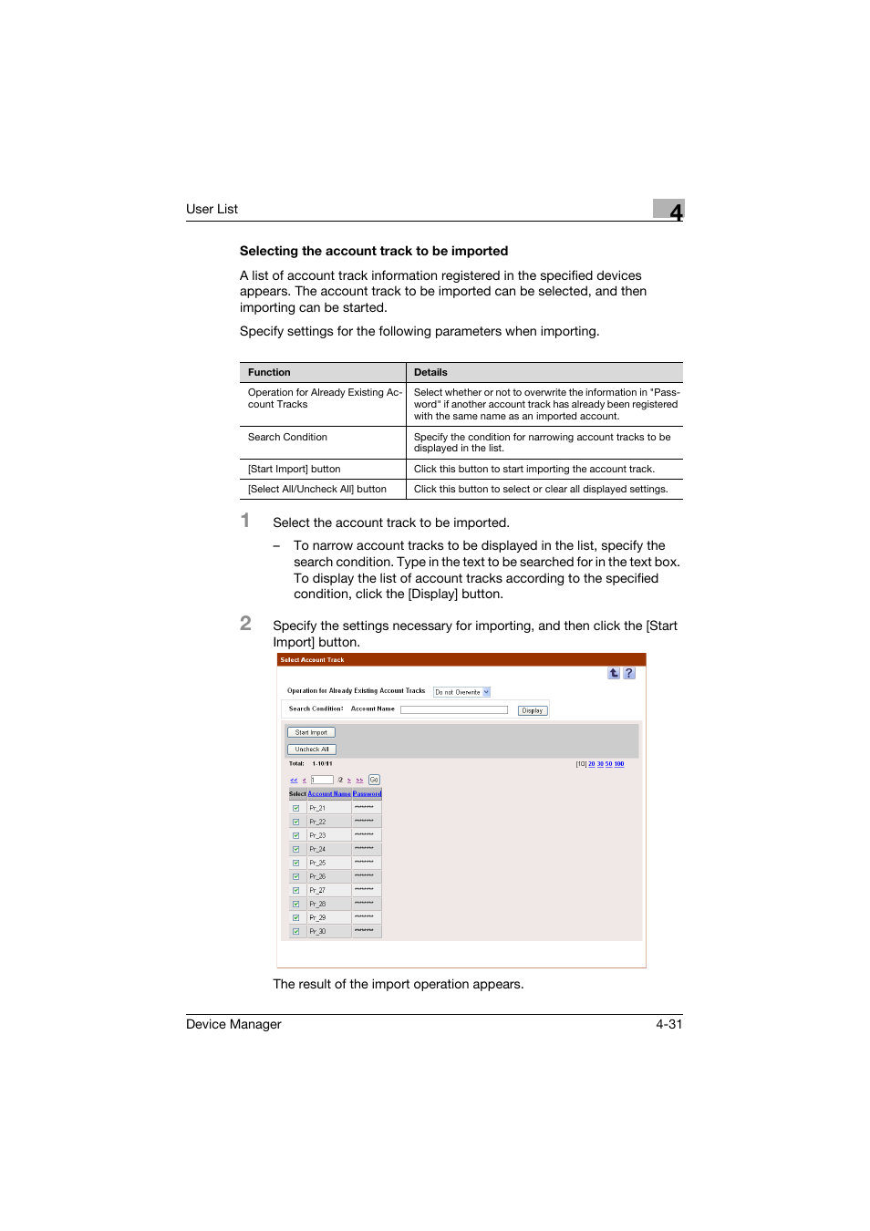 Selecting the account track to be imported, Selecting the account track to be imported -31 | Konica Minolta PageScope Net Care Device Manager User Manual | Page 226 / 331