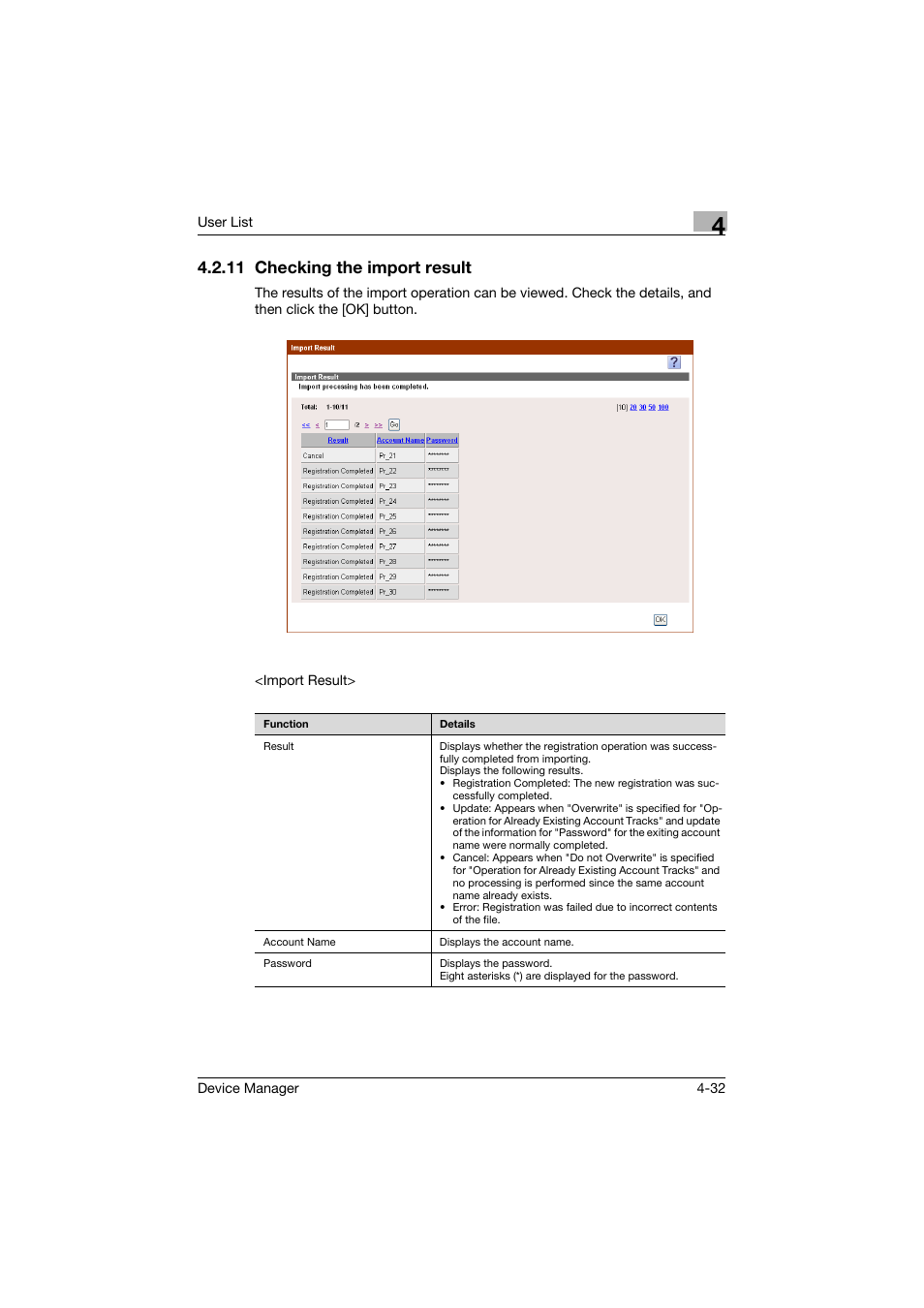 11 checking the import result, Checking the import result -32 | Konica Minolta PageScope Net Care Device Manager User Manual | Page 227 / 331