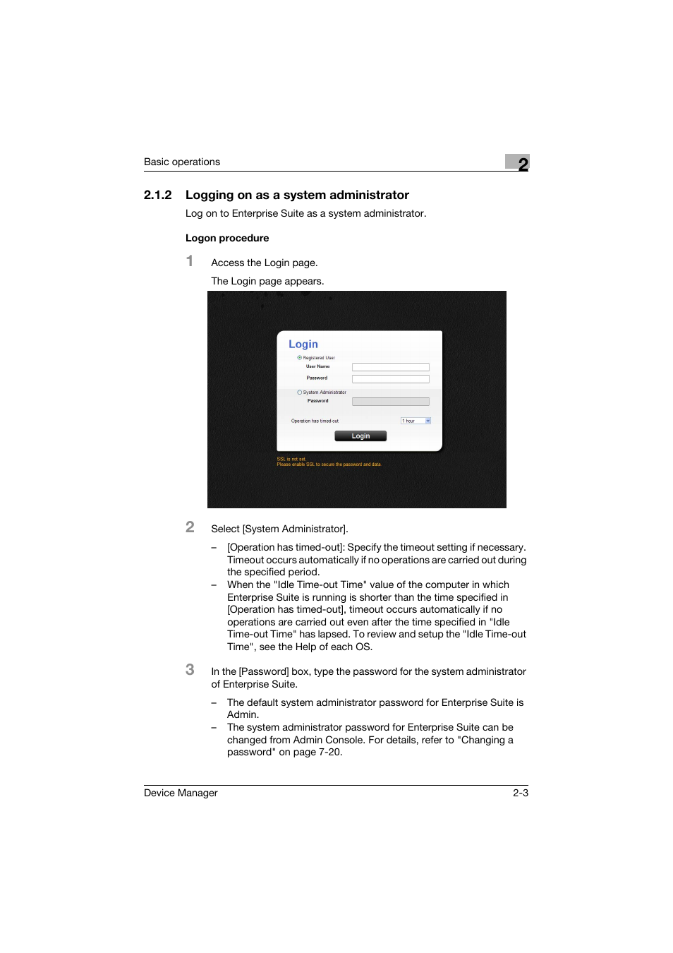 2 logging on as a system administrator, Logon procedure | Konica Minolta PageScope Net Care Device Manager User Manual | Page 23 / 331