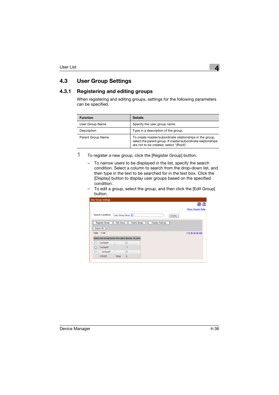 3 user group settings, 1 registering and editing groups, User group settings -36 | Registering and editing groups -36 | Konica Minolta PageScope Net Care Device Manager User Manual | Page 231 / 331